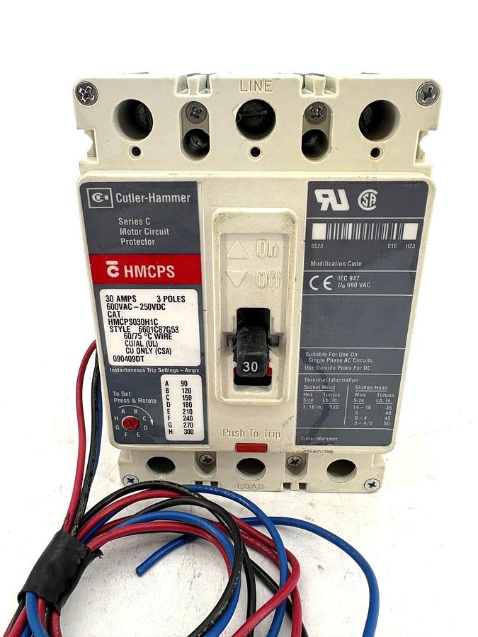 Used Cutler-Hammer HMCPS030H1C 30A Circuit Breaker w/ Aux. Switch 600VAC 3-Pole