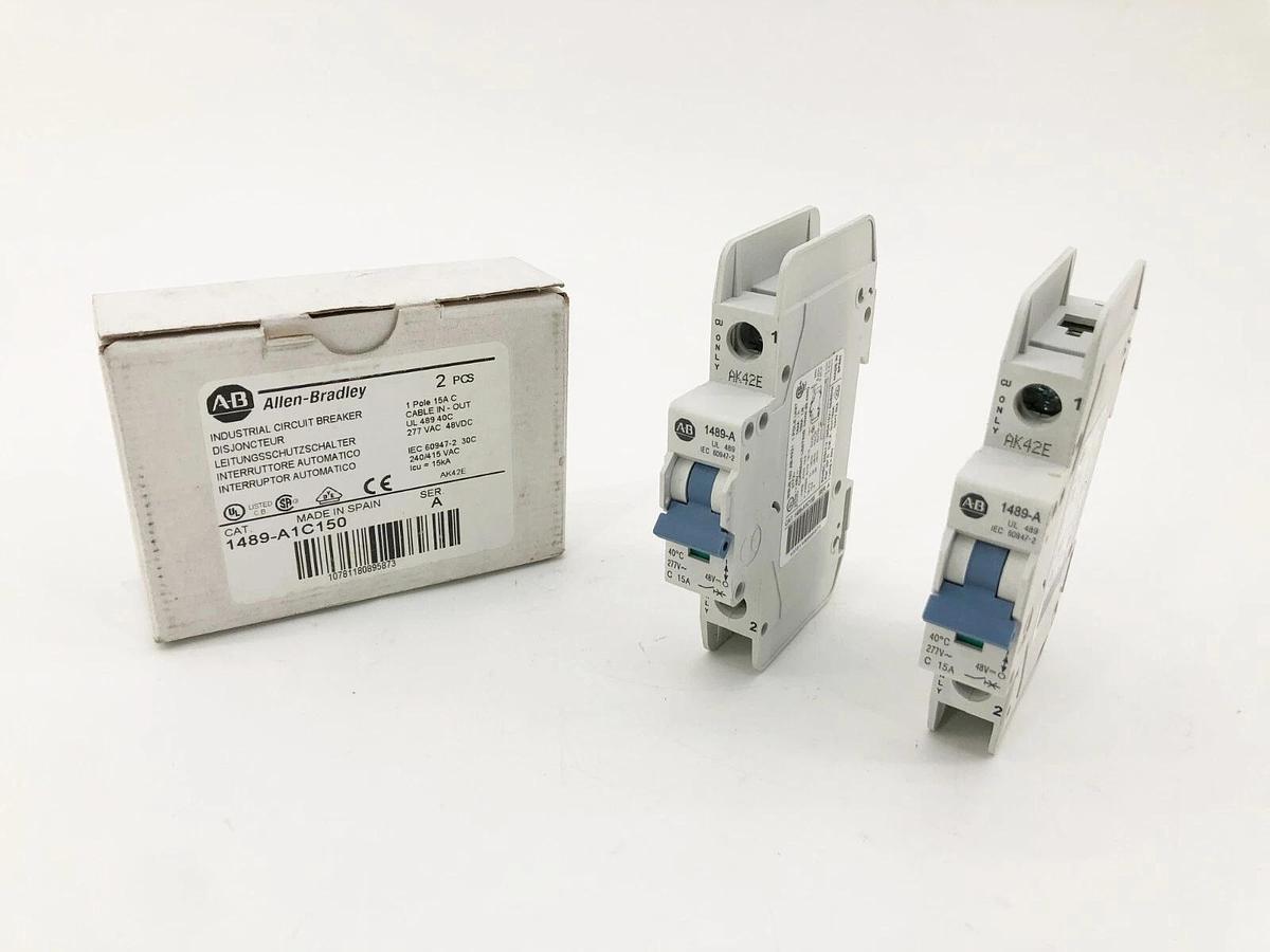 Box of 2 New Allen-Bradley 1489-A1C150 Circuit Breakers 1P 15A 277VAC 48VDC
