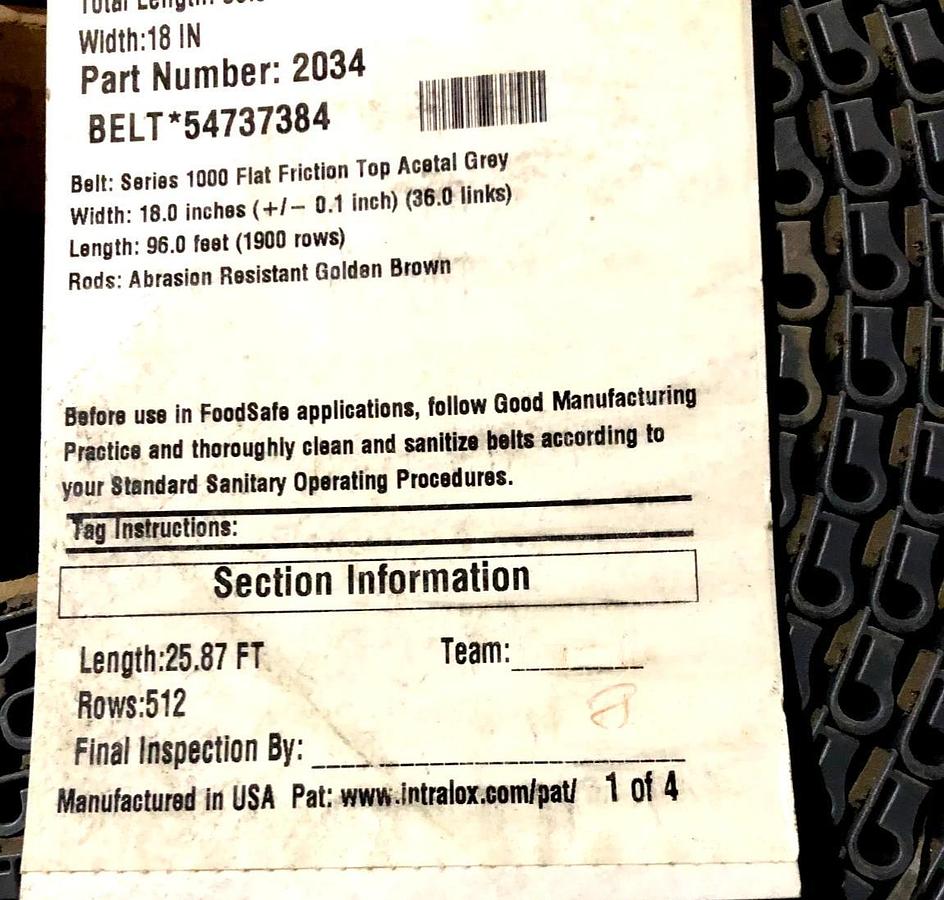 New Intralox 2034 Series 1000 Flat Friction Top Acetal Gray 25.87FT x 18" No Box