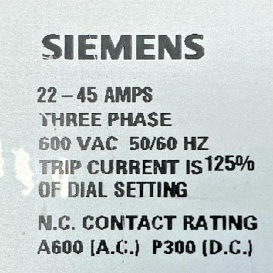 Used Siemens 48BSH3M20 Ser C Overload Relay Solid State 3PH 22-45FLA 600VAC 50/60HZ