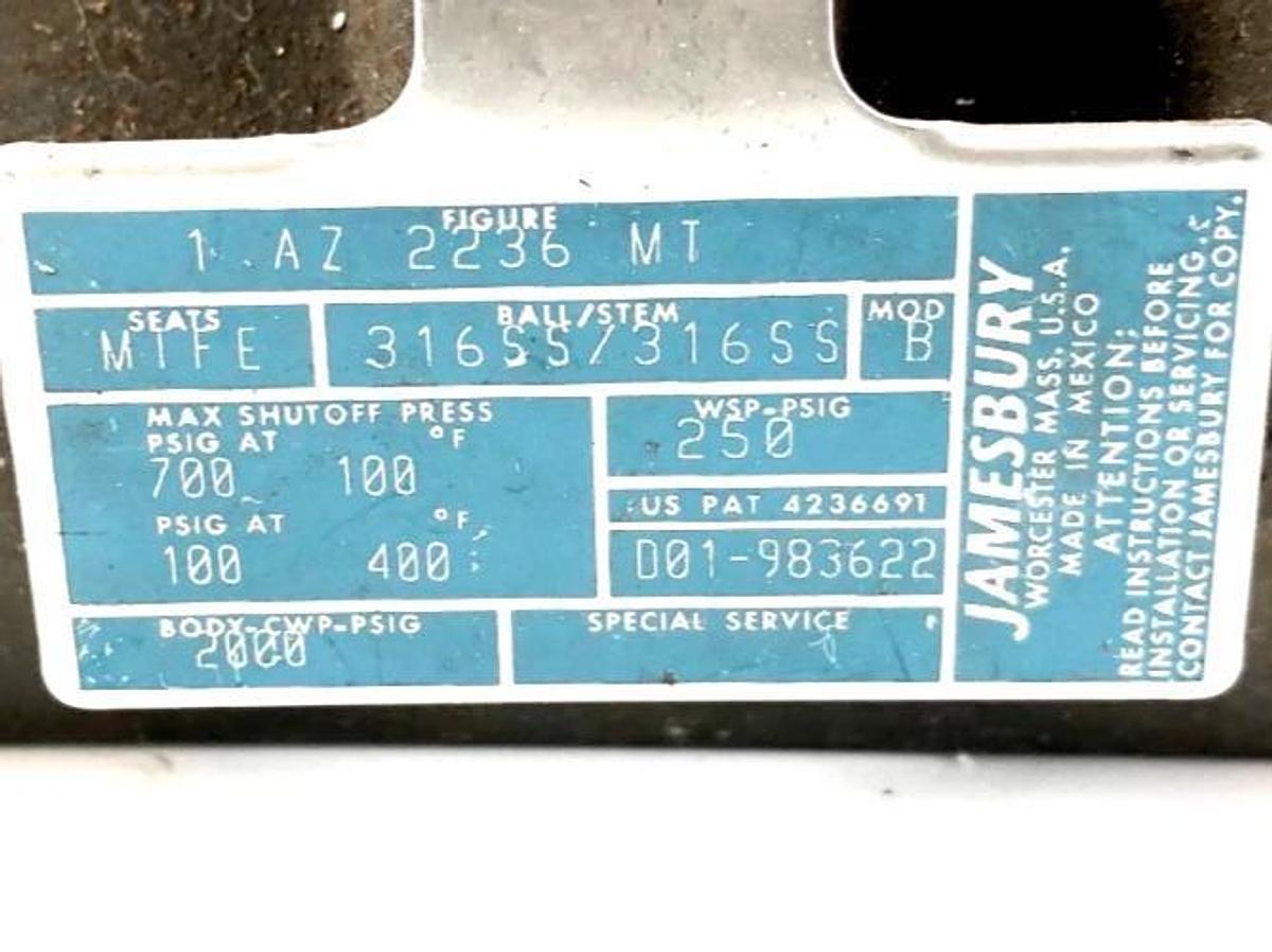 New Jamesbury 1 AZ 2236 MT Ball Valve 1" MTFE 316SS Ball/Stem - No Box