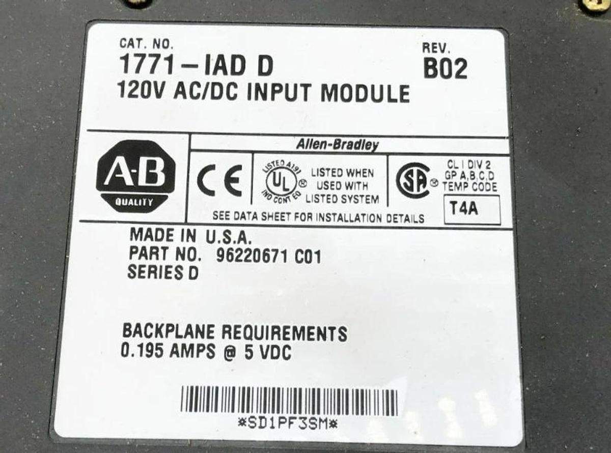 Used Lot of 2 Allen Bradley 1771-IAD Ser. D Input Modules 120VAC/DC Rev. B02