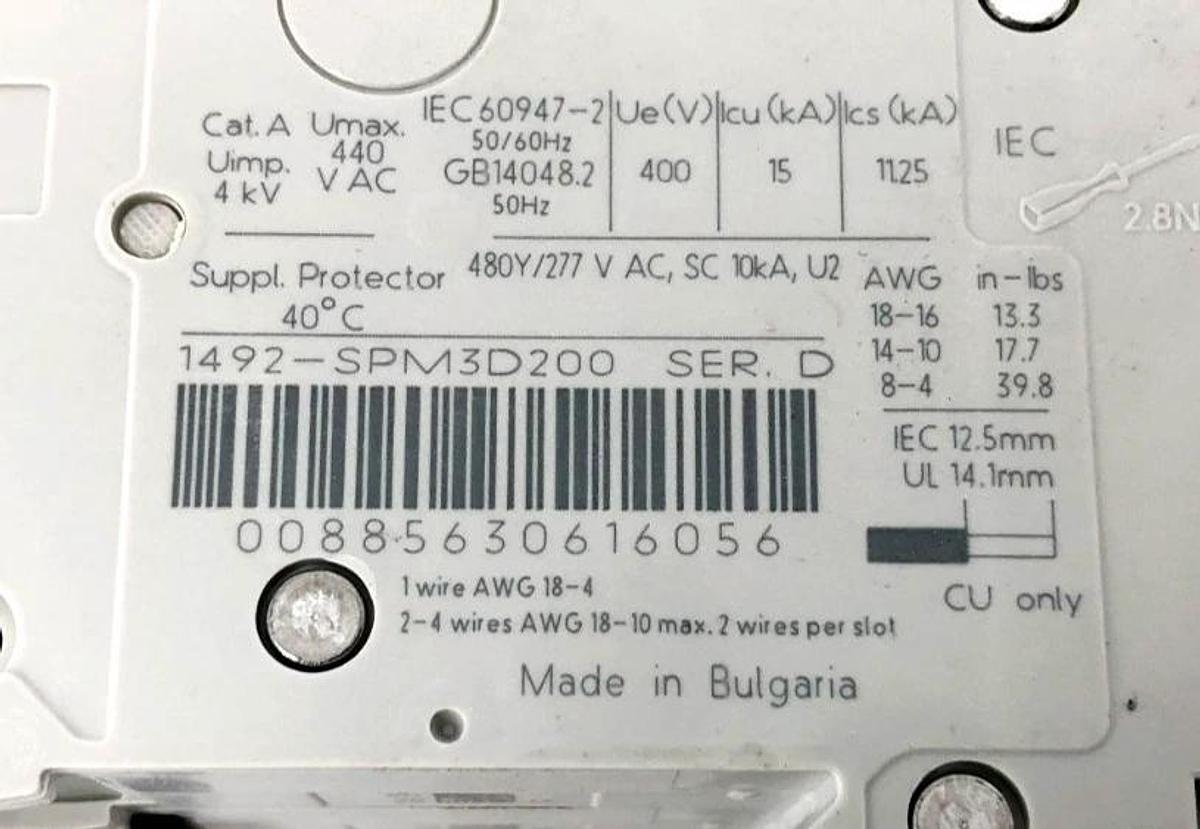 New Allen Bradley 1492-SPM3D200 Ser. D Supplementary Protector 3 Pole 20A