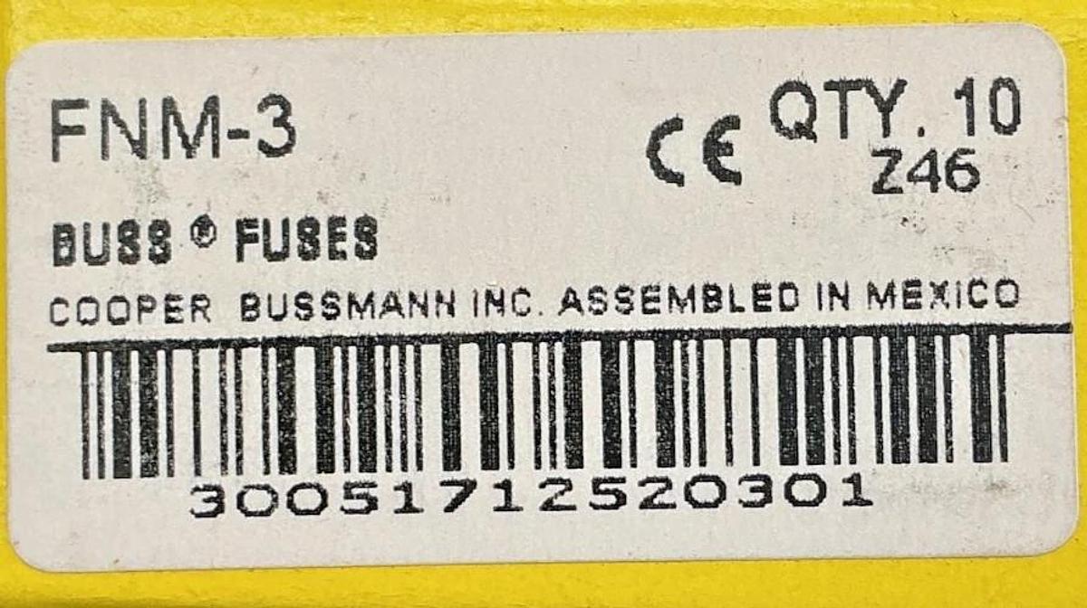 New Bussmann FNM-3 250Vac Time-Delay Fuse 3A 250V Box of 10