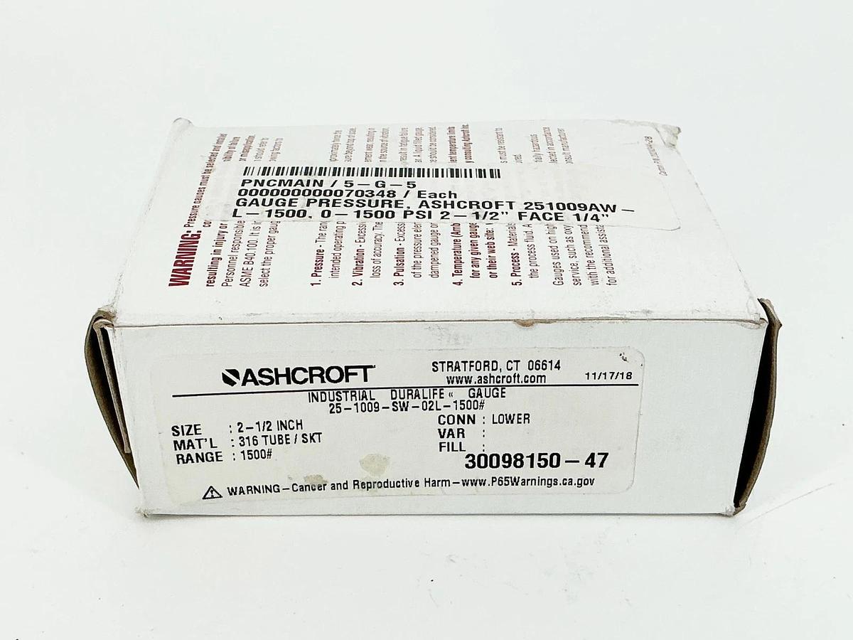 New Ashcroft 251009SW02L1500# Pressure Gauge 1500PSI 2-1/2" 316 Tube 30098150-47
