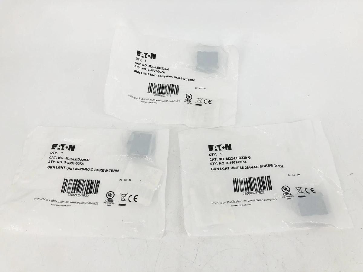 Lot of 3 New Eaton M22-LED230-Green LED Pilot Light Modules 85-264VAC