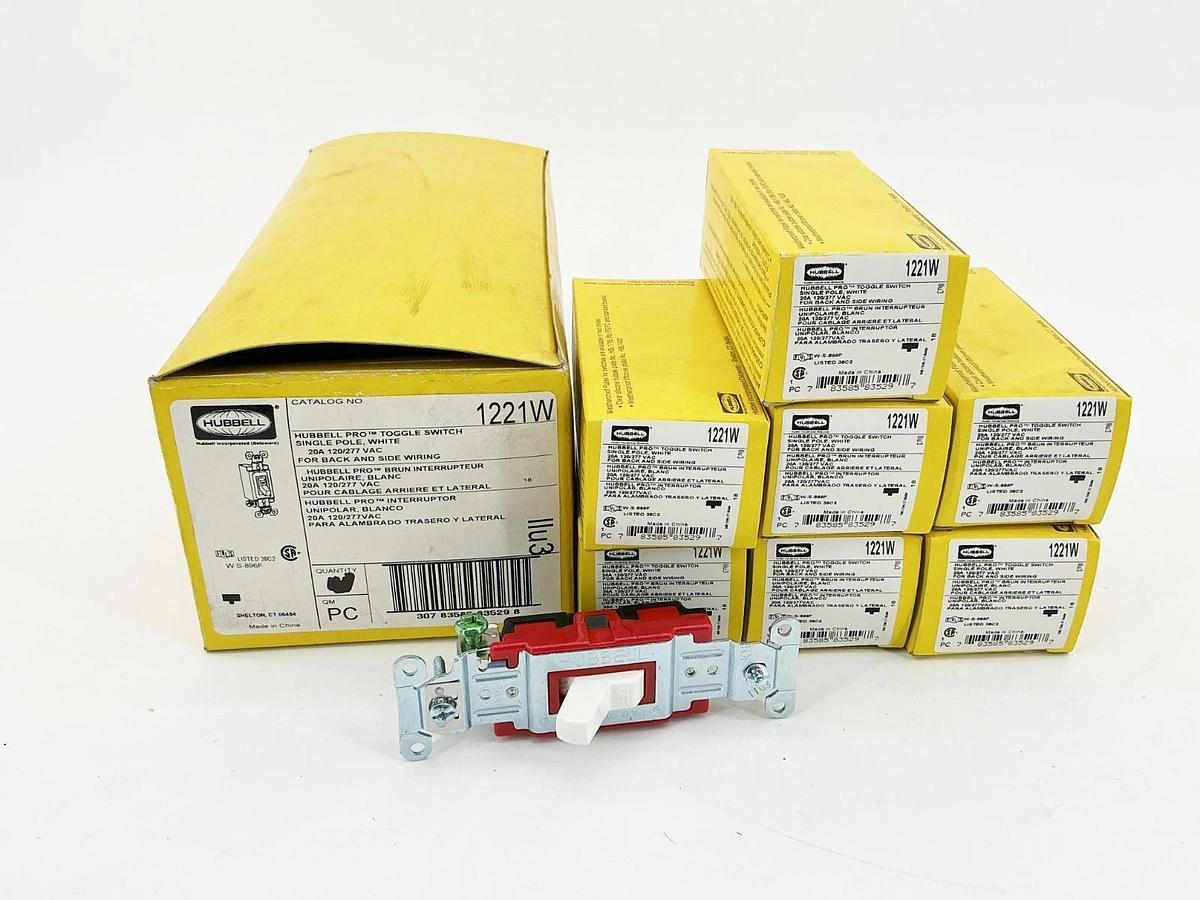 New Box of 7 Hubbell 1221W Toggle Light Switch 20A 277Vac