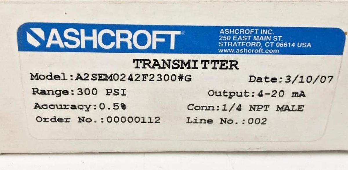 New Ashcroft A2SEM0242F2300#G Transmitter 300PSI 4-20mA 0.5% 1/4NPT Male