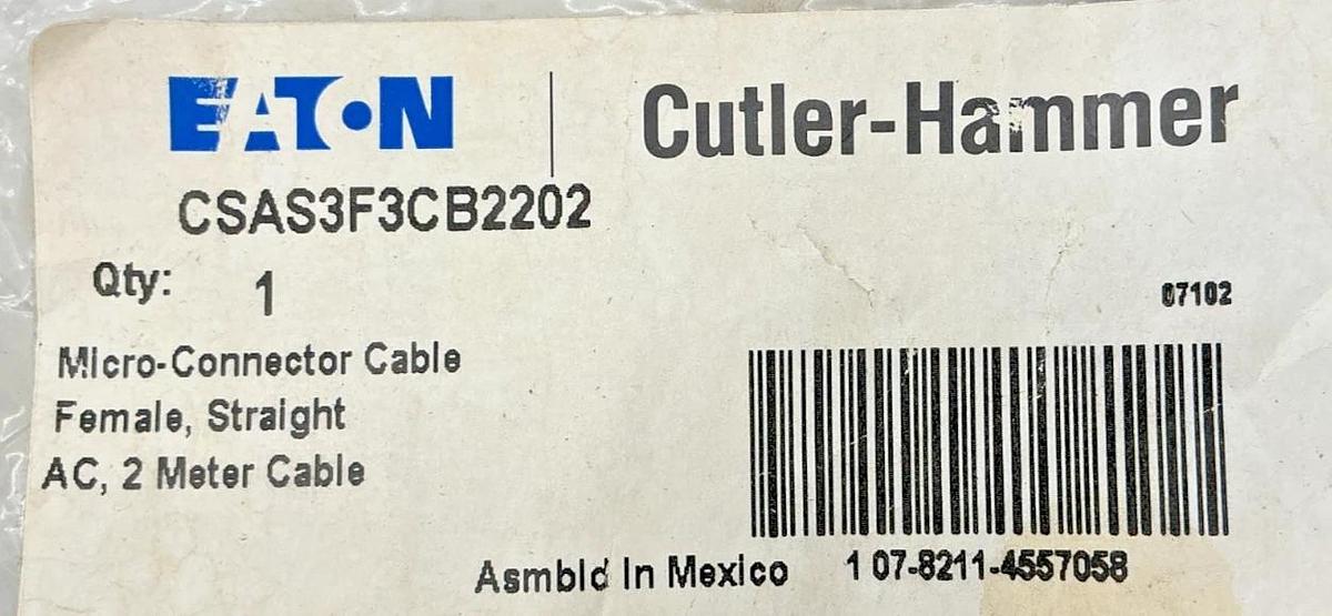 New Eaton Cutler-Hammer CSAS3F3CB2202 Micro-Connector Cable Female 3-Pin 2 Meter