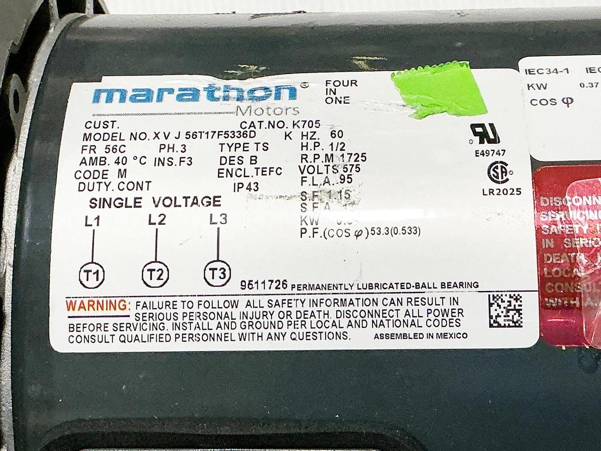 New Marathon XV J 56T17F5336D Electric Motor 1/2HP 575V 1725RPM 3PH K705