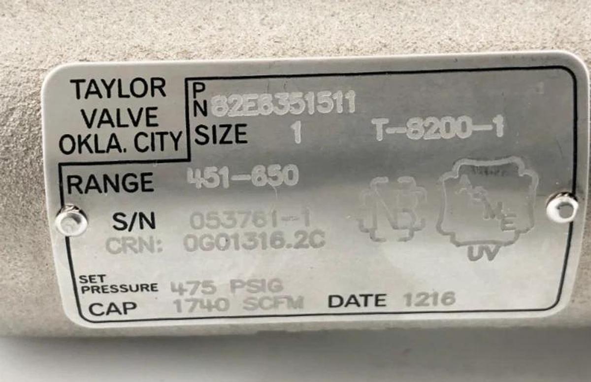 New Taylor Valve T-8200-1 Safety Relief Valve 1" 475PSI Set 82E6351511 - No Box