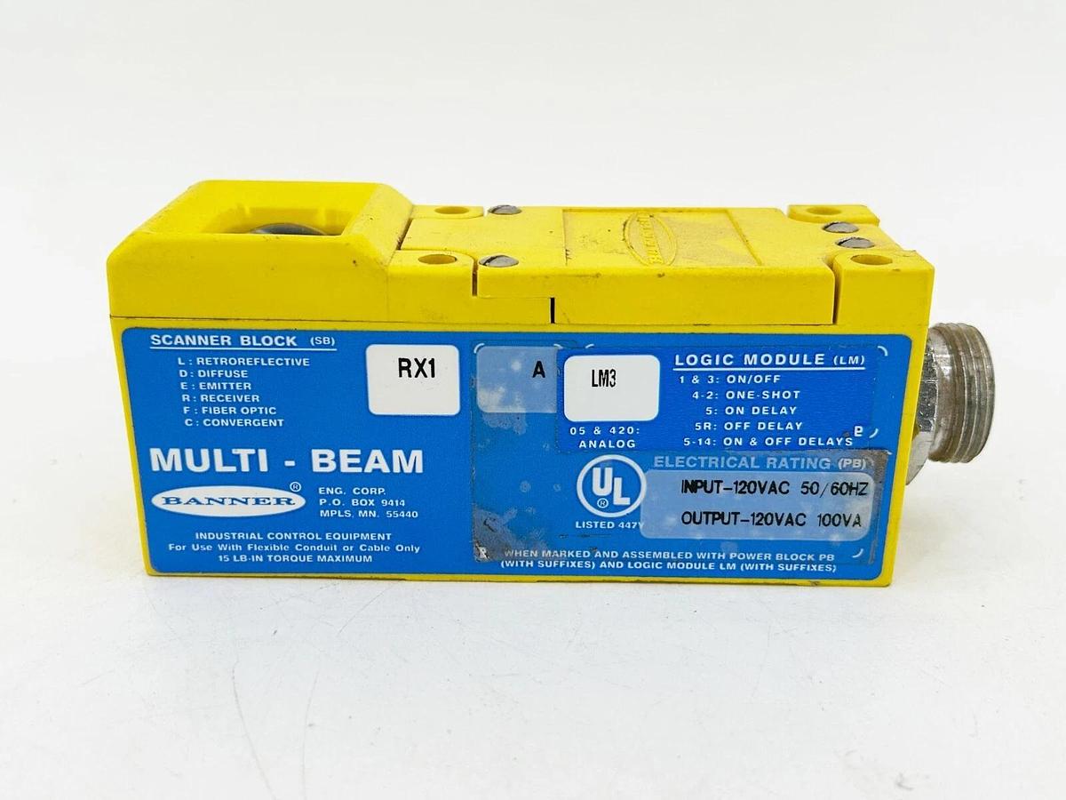Used Banner Engineering RX1 Photoelectric Scanner Block 120V 50/60Hz 100VA RX1-A-LM3