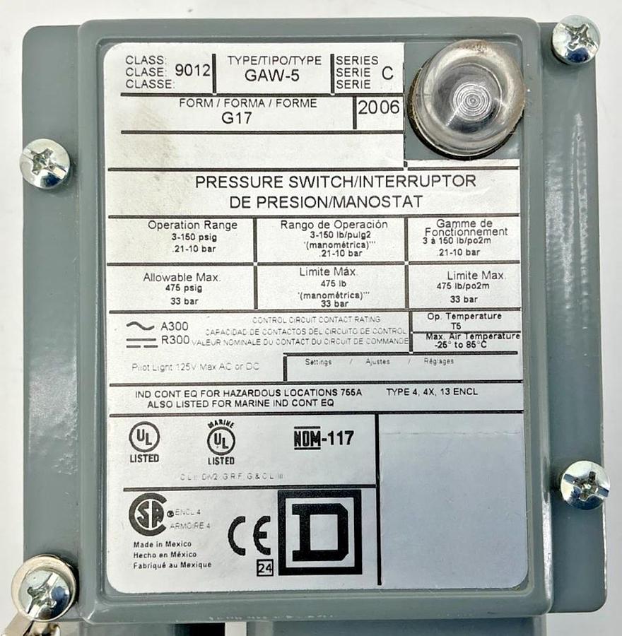 New Square D 9012GAW-5 Ser C Pressure Switch 3-150PSIG 480VAC 9012GAW5 - No Box