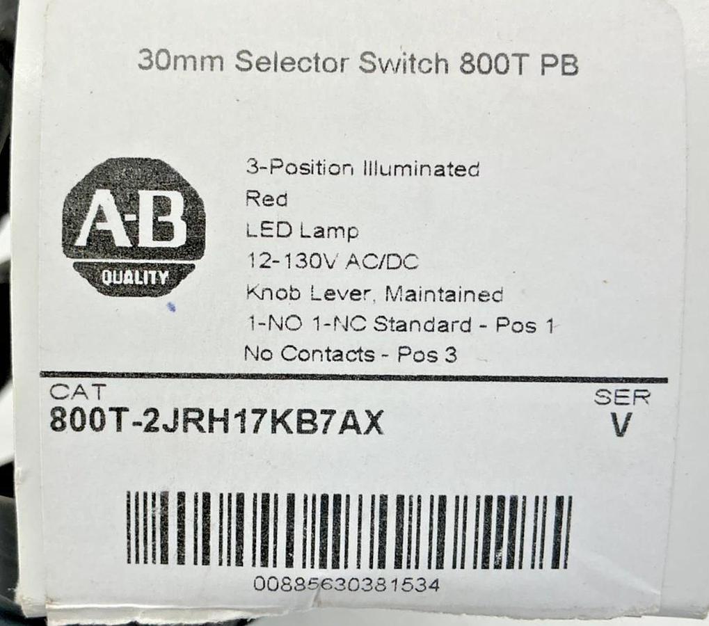 New Allen Bradley 800T-2JRH17KB7AX Ser V Selector Switch 3Pos Red LED 12-130V