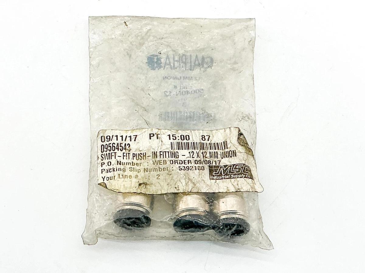 New Lot of 3 Alpha 50040N-12 Swift Fit Push-In Fitting 12X12MM Union