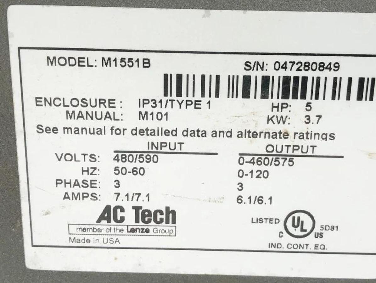 Used AC Tech M1551B Variable Frequency Drive 5HP 3.7KW 480/590V (For Parts Only)