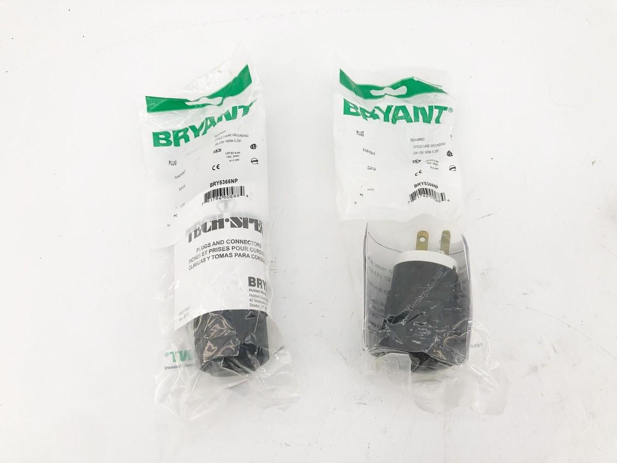 Lot of 2 New Bryant BRY5366NP Straight Plugs NEMA 5-20 20A 125V