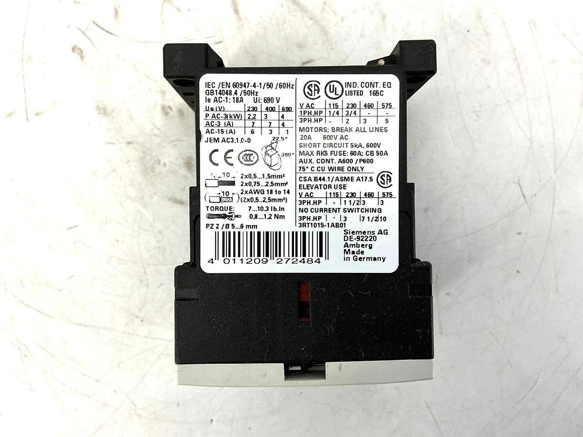 Used Siemens 3RT1015-1AB01 Contactor 3-Phase 7A 600VAC Coil: 24V 50/60HZ