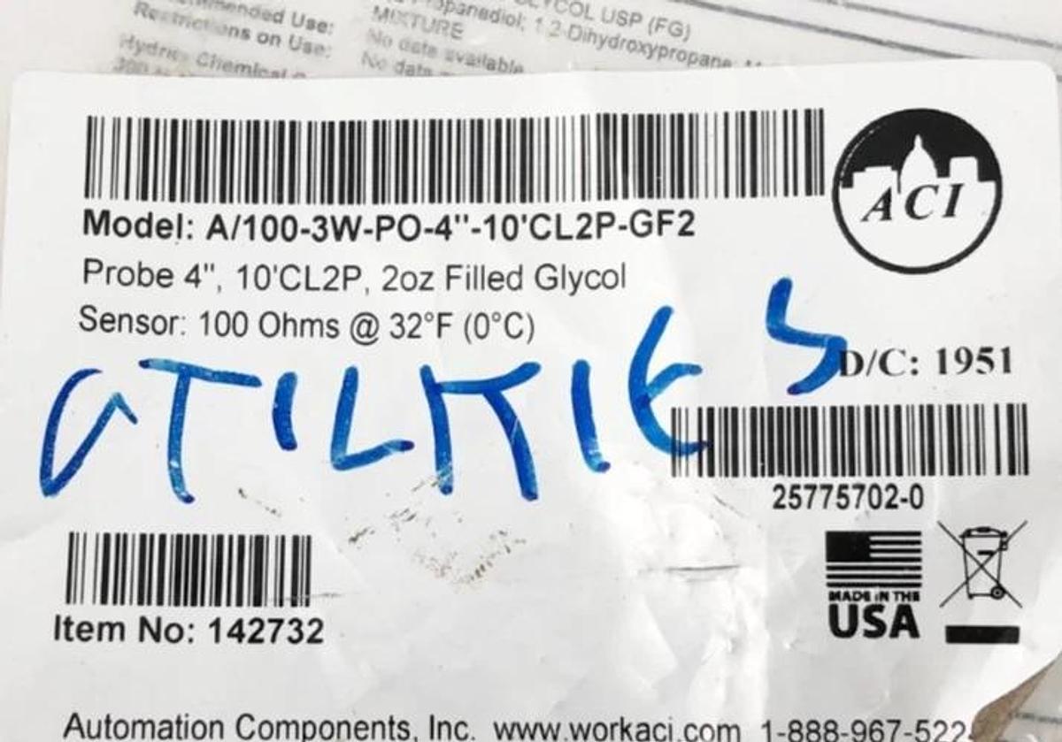 New Automation Components A/100-3W-PO-4"-10'CL2P-GF2 RTD Sensor 4" Probe 142732