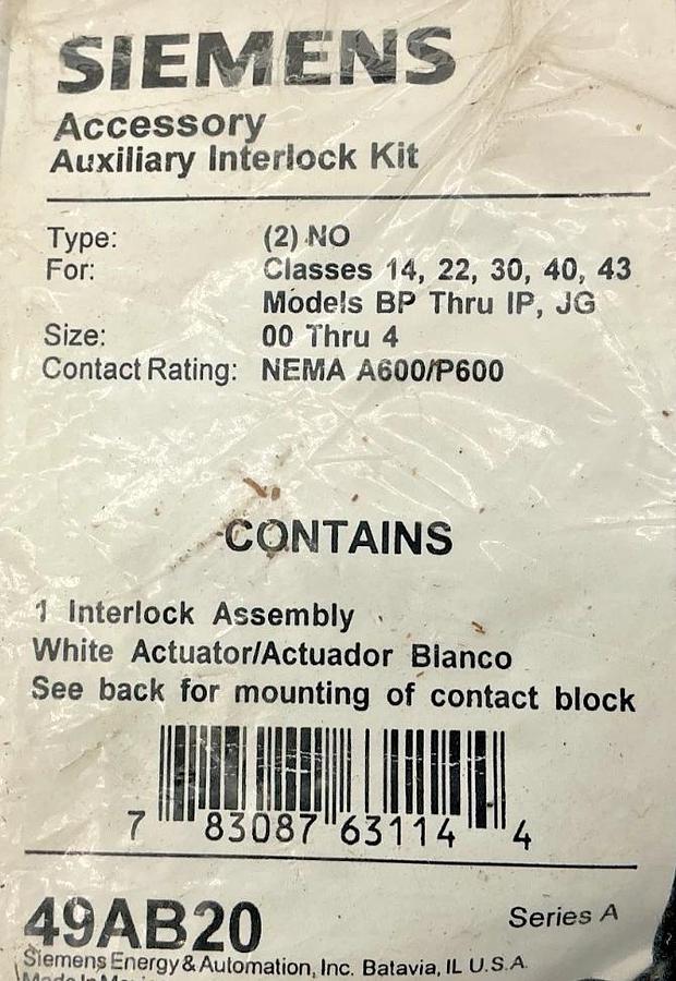 New Siemens 49AB20 Auxiliary Interlock Kit Actuator Type: 2NO Size: 00 Thru 4