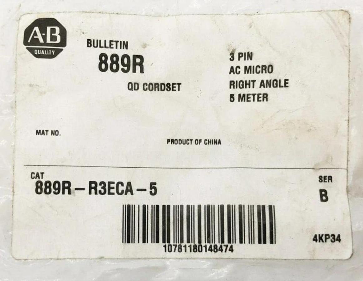New Allen Bradley 889R-R3ECA-5 Ser. B AC Micro Cordset 3 Pin 5m Right Angle 6A