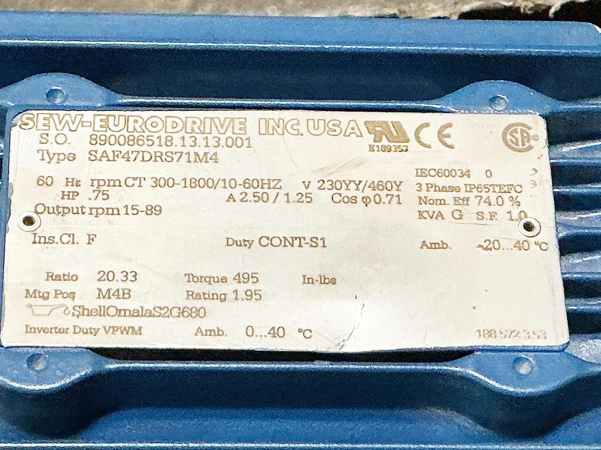 New SEW Eurodrive SAF47DRS71M4 Gearmotor 15-89RPM Output .75HP 230/460V