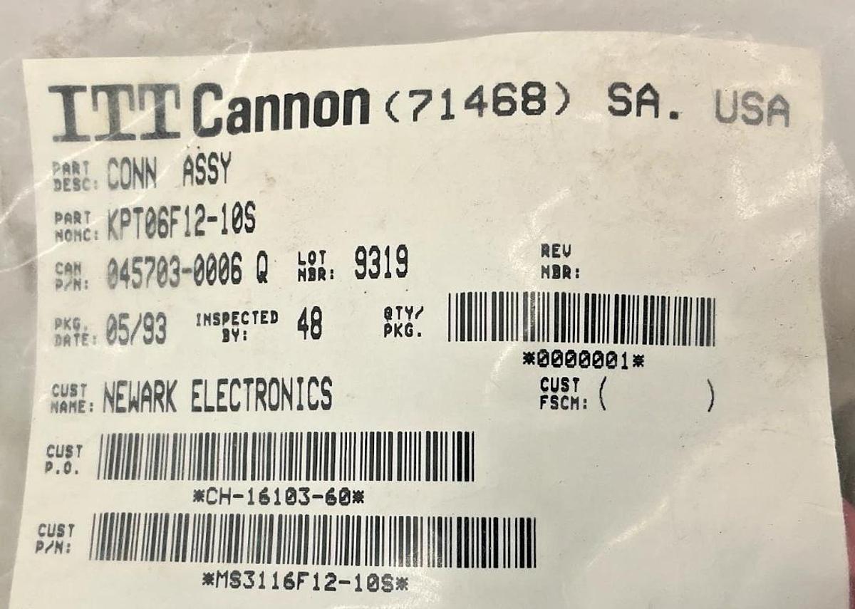 New ITT Cannon KPT06F12-10S Connector Assembly MS3116F12-10S 10-Pin