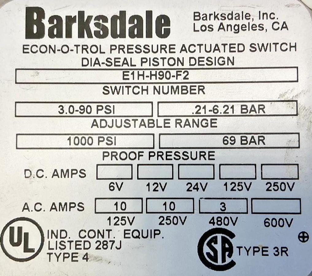 New Barksdale E1H-H90-F2 Pressure Switch 1000PSI .21-6.21 BAR 10A 600V - No Box