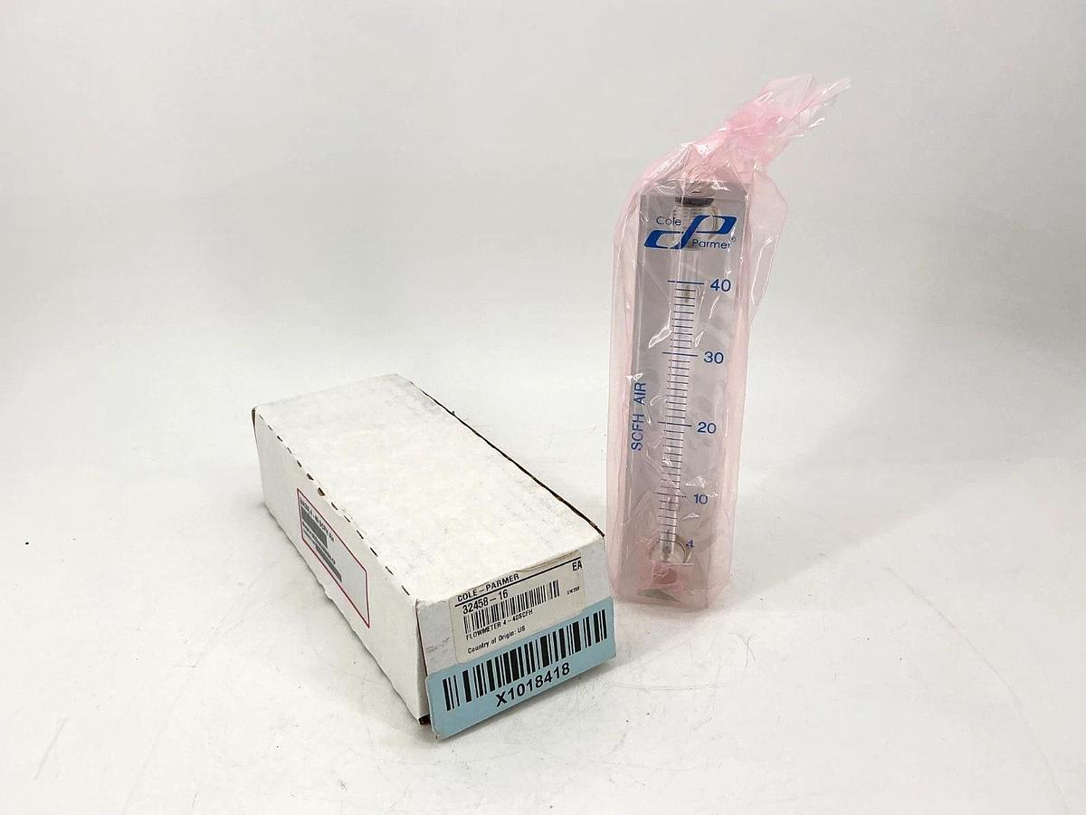 New Cole Parmer 32458-16 Flowmeter 4-40SCFH Air Acrylic Body 2520A4A33BNBN-CP