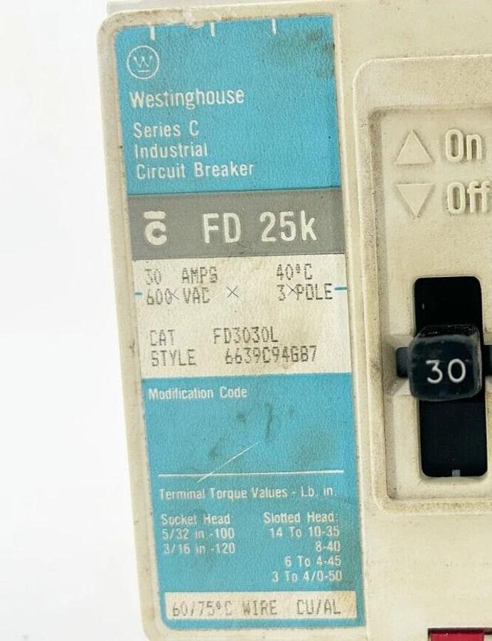 Used Westinghouse FD3030 Circuit Breaker 30A 3P 600V FD25K