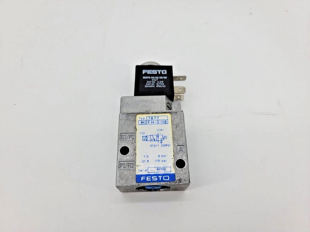 Used Festo MOFH-3-1/8 Solenoid Valve W/ 24VDC Coil 8 Bar 116 PSI 7877