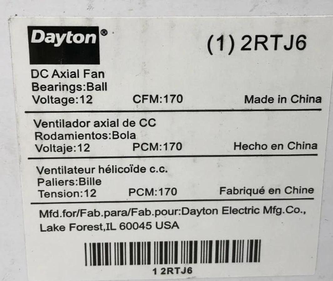 New Dayton 2RTJ6 Axial Fan 12VDC 170 CFM 4-11/16" x 1-1/2"