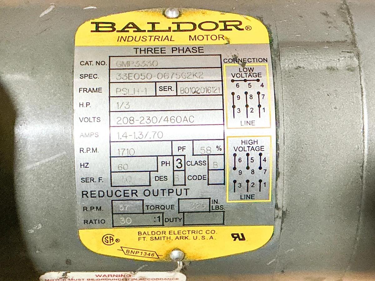 Used Baldor GMP3330 Gear Motor 1/3HP 3PH 460V 57 RPM 30:1 33E050-0675G2K2