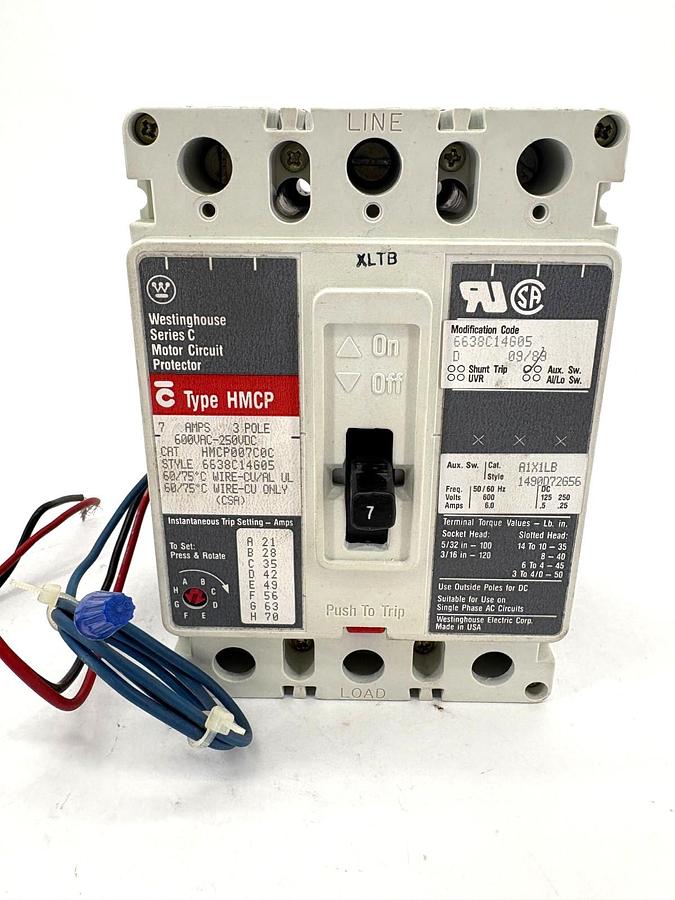 Used Westinghouse HMCP007C0C Circuit Breaker w/ A1X1LB Aux. Switch 7A 3P 600VAC