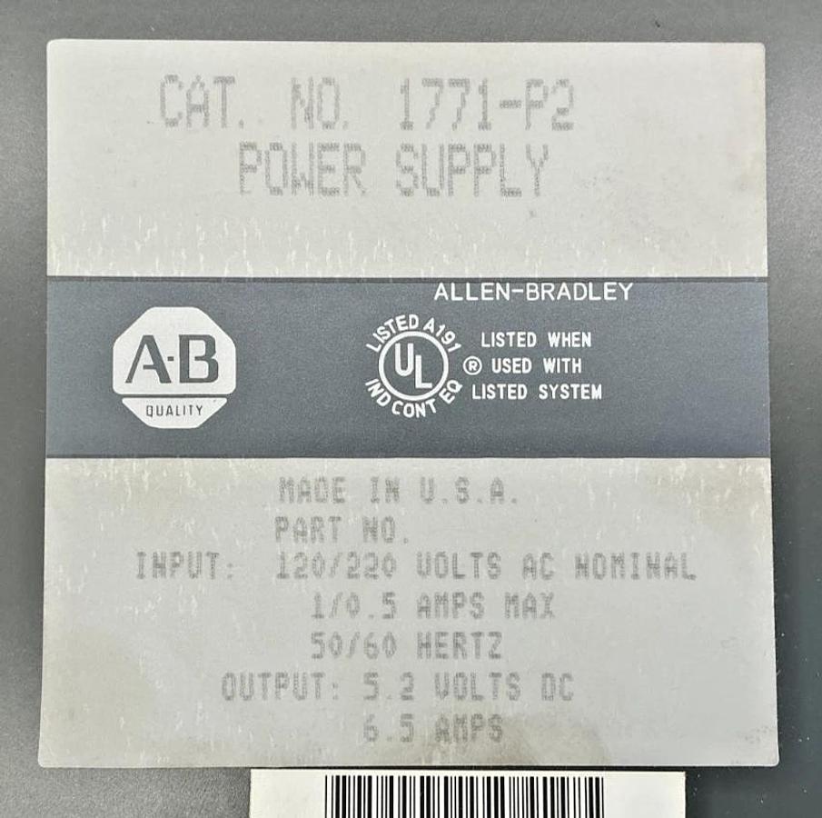 Used Allen Bradley 1771-P2 Power Supply 1/0.5A 120/220VAC 50/60HZ 1771P2
