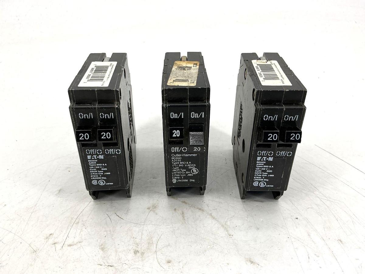 Used Lot of 3 Eaton Cutler-Hammer BD2020 Circuit Breaker Type BRD&A 2P 20A 240V A2020