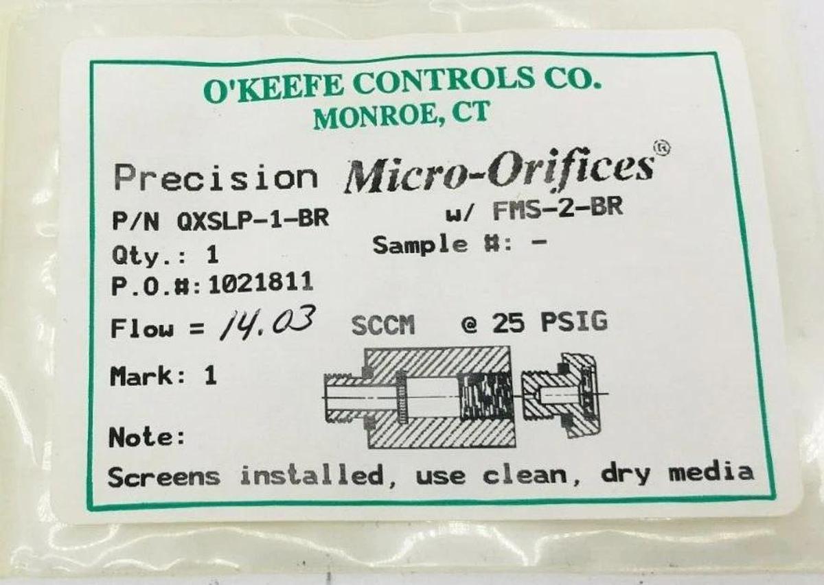Lot of 2 New O'Keefe Controls QXSLP-1-BR Precision Orifices 14.03 SCCM @ 25psig