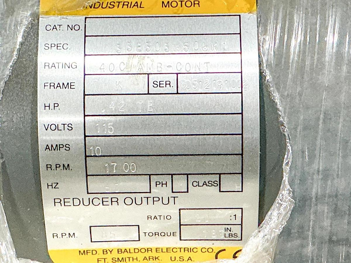New Baldor 6422014 Gear Motor .42 HP 1PH 115V 20:1 Ratio 85RPM 33E303W506K1
