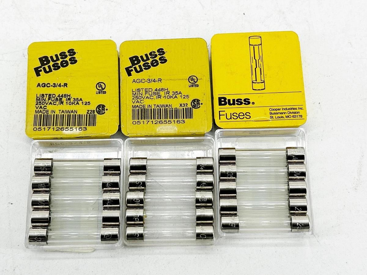 New Lot of 15 Bussmann AGC-3/4-R Glass Fuse 0.75A 250V
