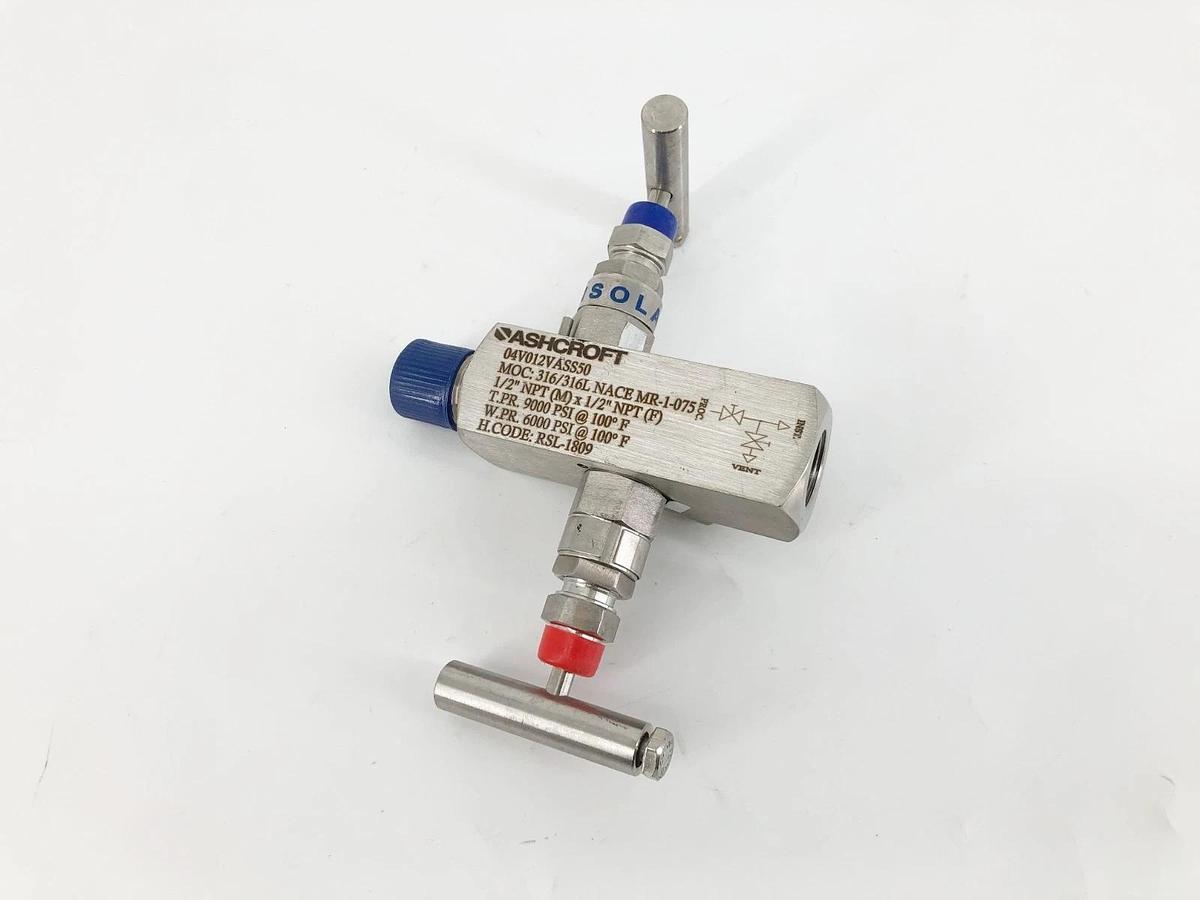 New Ashcroft 04V012VASS50 Block & Bleed 2-Valve Manifold 1/2" NPT - No Box