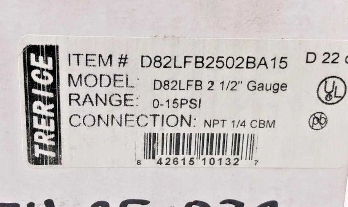 Lot of 3 New Trerice D82LFB2502BA15 Gauges D82LFB 2-1/2" 0-15psi 1/4" NPT CBM