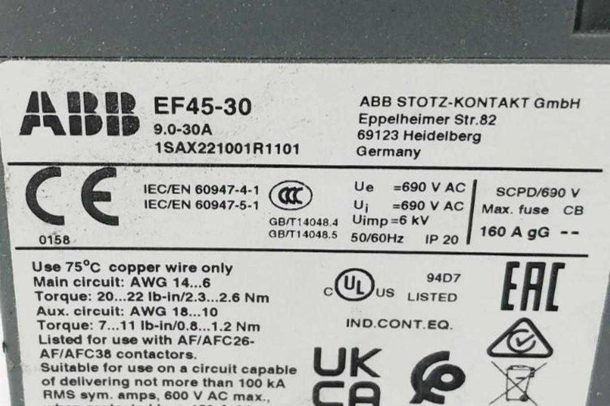 Used ABB EF45-30 Overload Relay 9-30A 690VAC