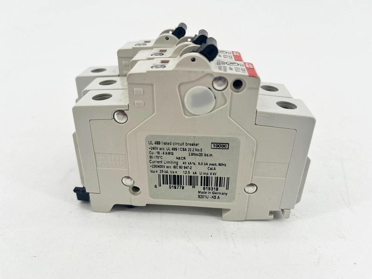 Used Lot of 3 ABB S201U-K5A Miniature Circuit Breakers 5A 240V 1P 2CDS251001R0357