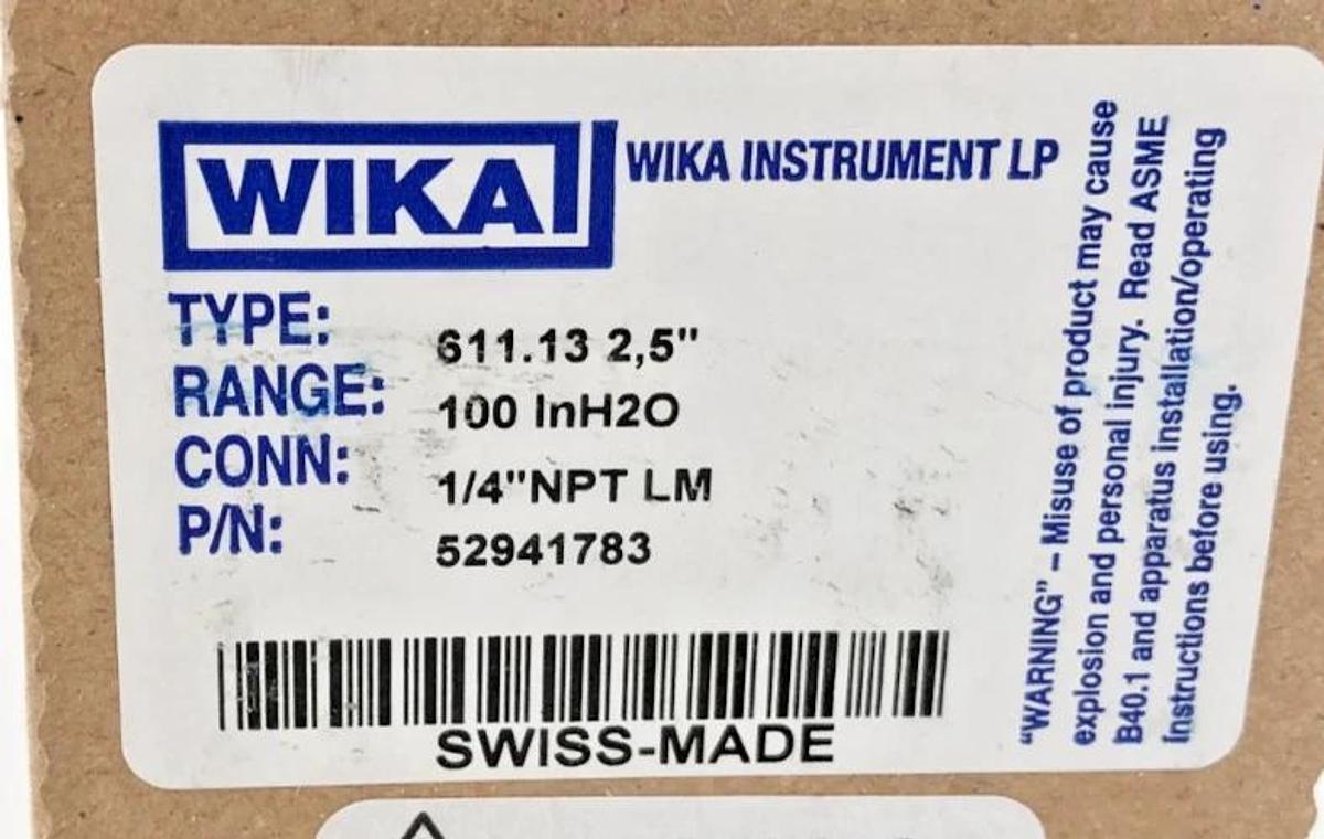 New Wika 52941783 Gauge 611.13.2.5" 0-100 IN H2O 1/4" Lower Mount