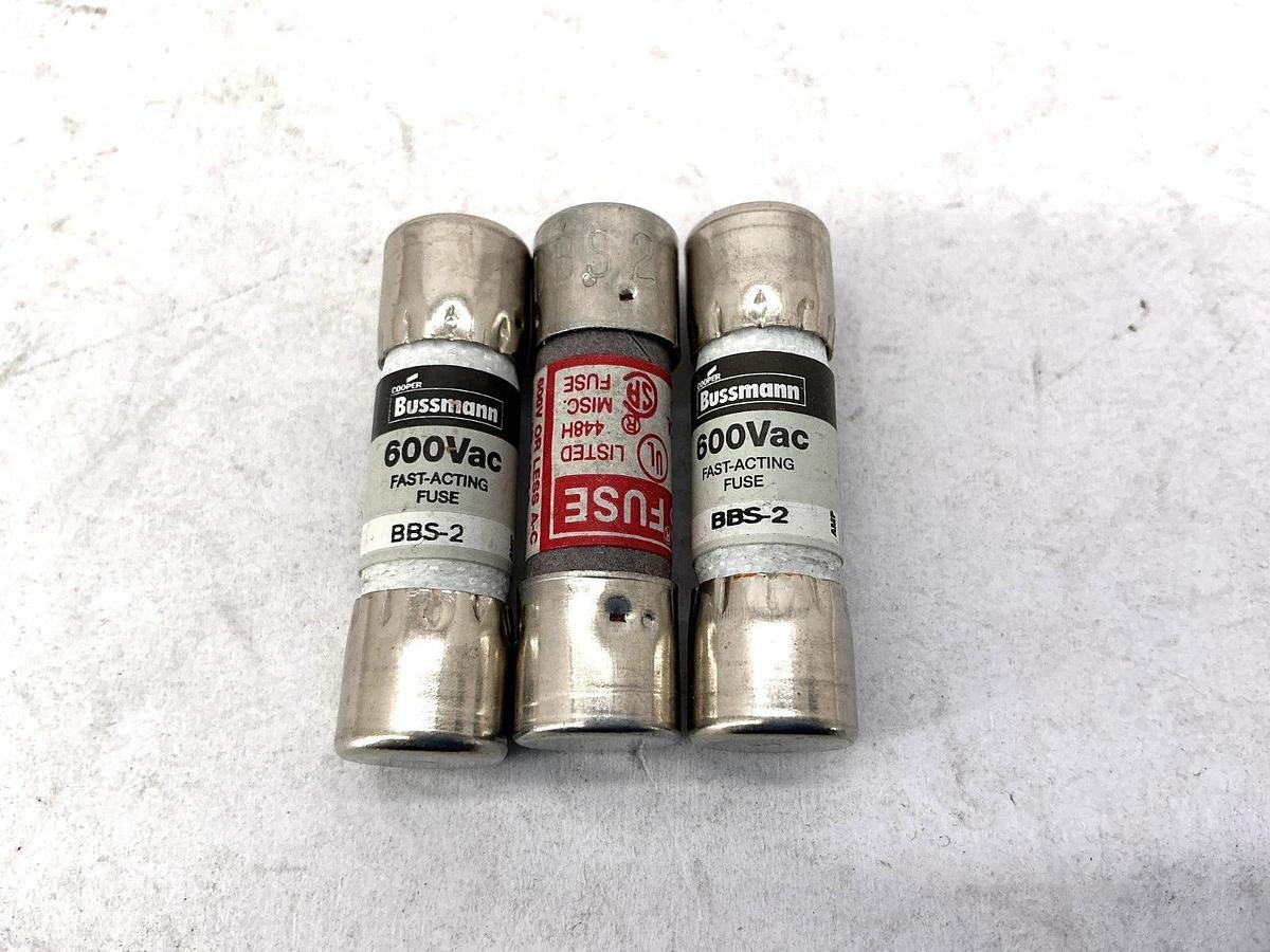 Lot of 3 New Bussmann BBS-2 600Vac Fast-Acting Fuse 2A 600V