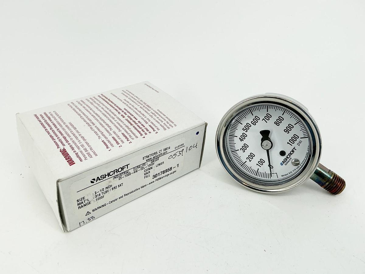 New Ashcroft 25-1009-AW-02L-1000# Pressure Gauge 0-1000PSI 2.5" Face 1/4" NPT