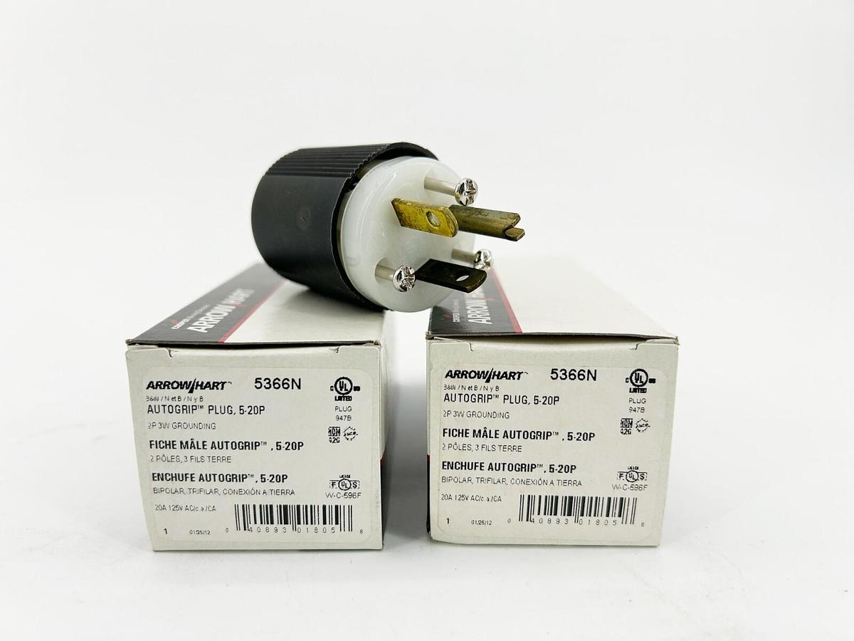 New Lot of 2 Arrow Hart 5366N AutoGrip Plug 5-20P 2P 3W Grounding 125V