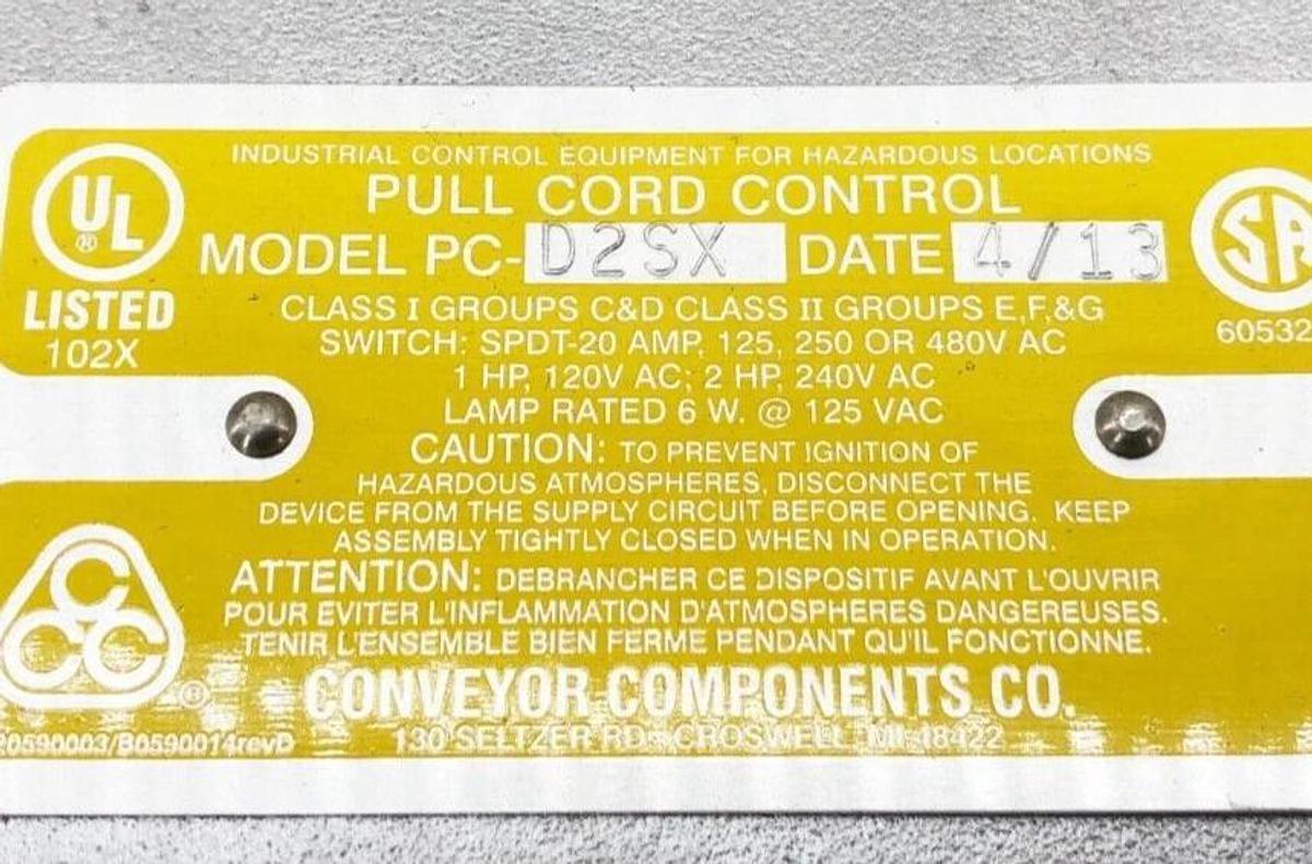 New Conveyor Components PC-D2SX Pull Cord Control 20A 125/250/480VAC - No Box
