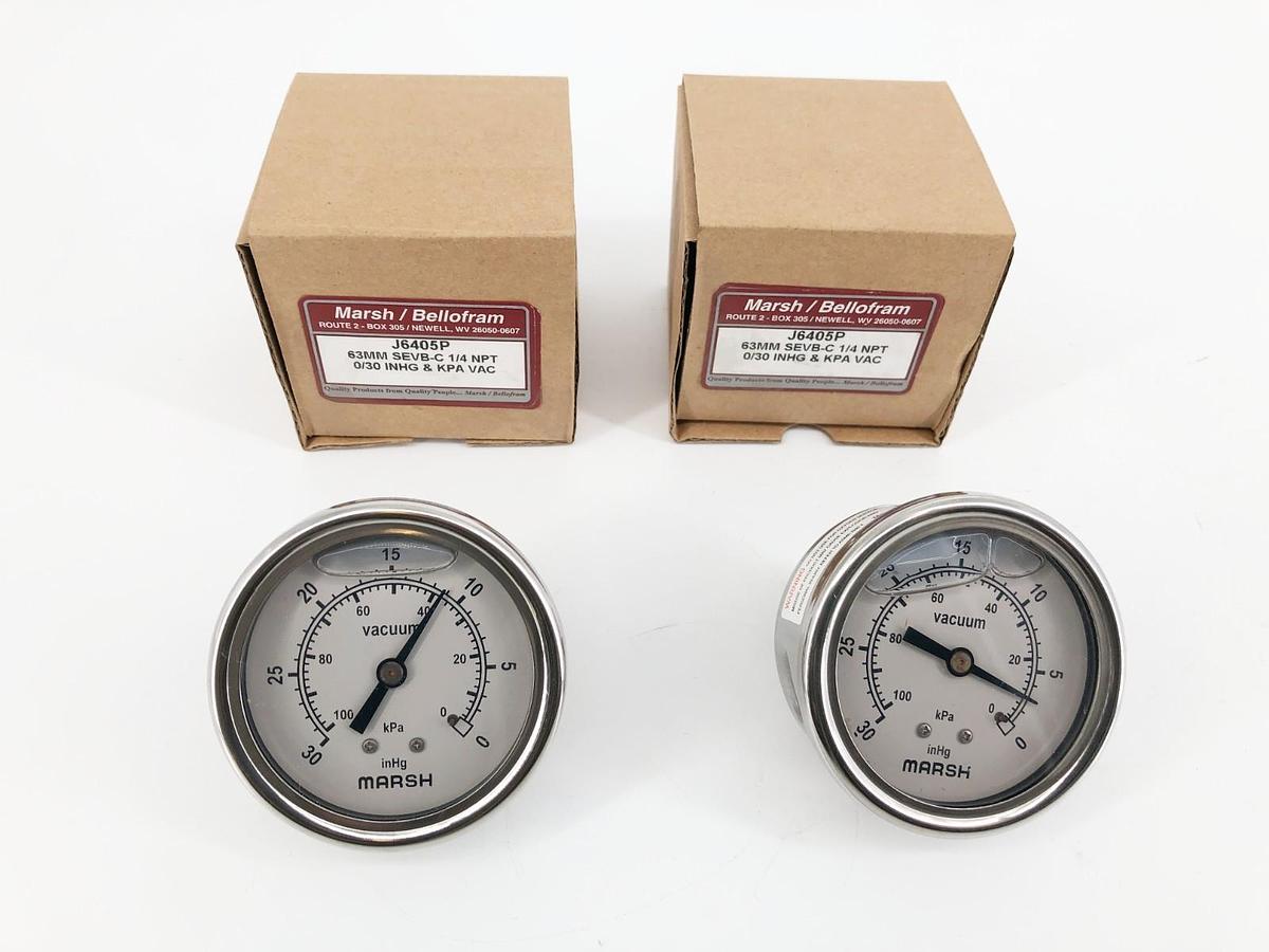 Lot of 2 New Marsh / Bellofram J6405P Gauges 63MM SEVB-C 1/4 NPT 0/30 INHG