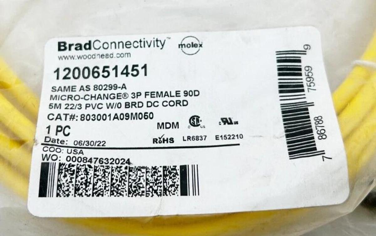 New Brad Connectivity 803001A09M050 Micro-Change 3P Female 90D m5 22/3 PVC W/O D